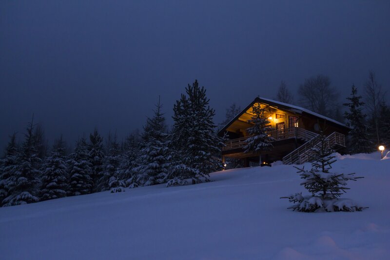 Cabin in Snowy Forest — Blue, Serene, Night, Photograph, Snow, Trees, Lights, White