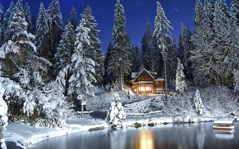 Cabin in Snowy Forest — Blue, Serene, Night, Photograph, Trees, Lake