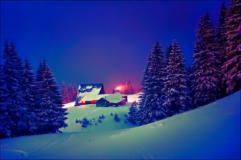 Cabin in Snowy Forest — Blue, Serene, Night, Photograph, Trees, Snow, Lights
