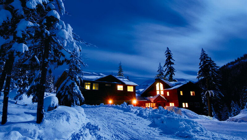 Cabin in Snowy Forest — Blue, Serene, Night, Photograph, Trees, Snow, Windows