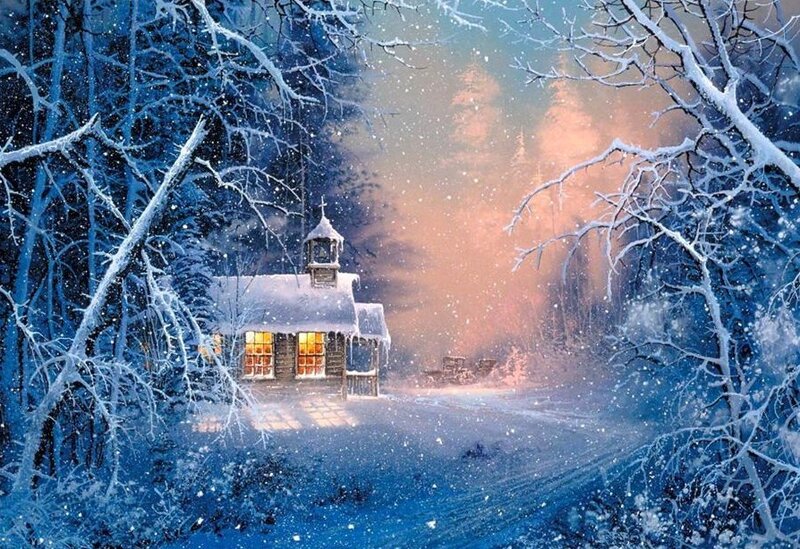 Cabin in Snowy Forest — Blue, Serene, Night