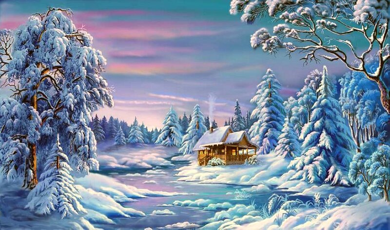 Cabin in Snowy Forest — Blue, Serene