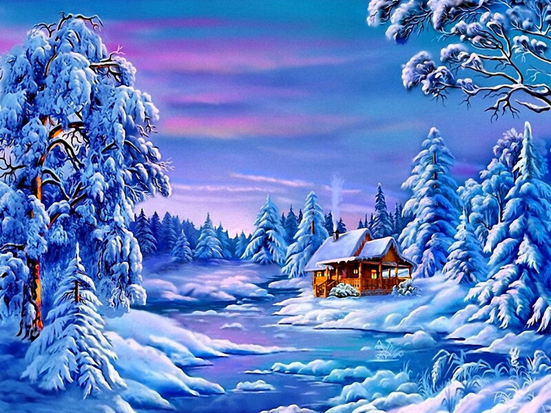 Cabin in Snowy Forest — Blue, Serene, Winter, Digital Art, Snow-covered Trees