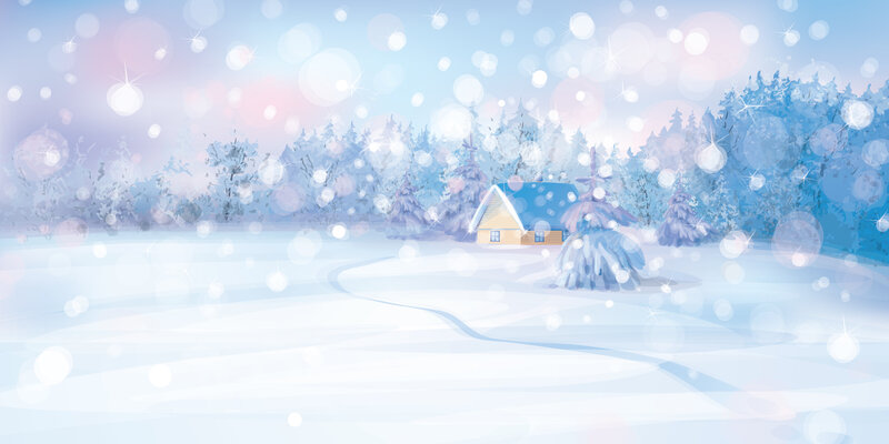 Cabin in Snowy Forest — Blue, Serene, Winter, Digital Art, Snow, Trees, House