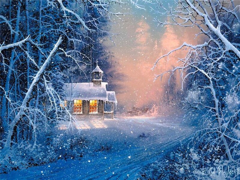 Cabin in Snowy Forest — Blue, Serene, Winter, Digital Art, Snow, Trees, Windows