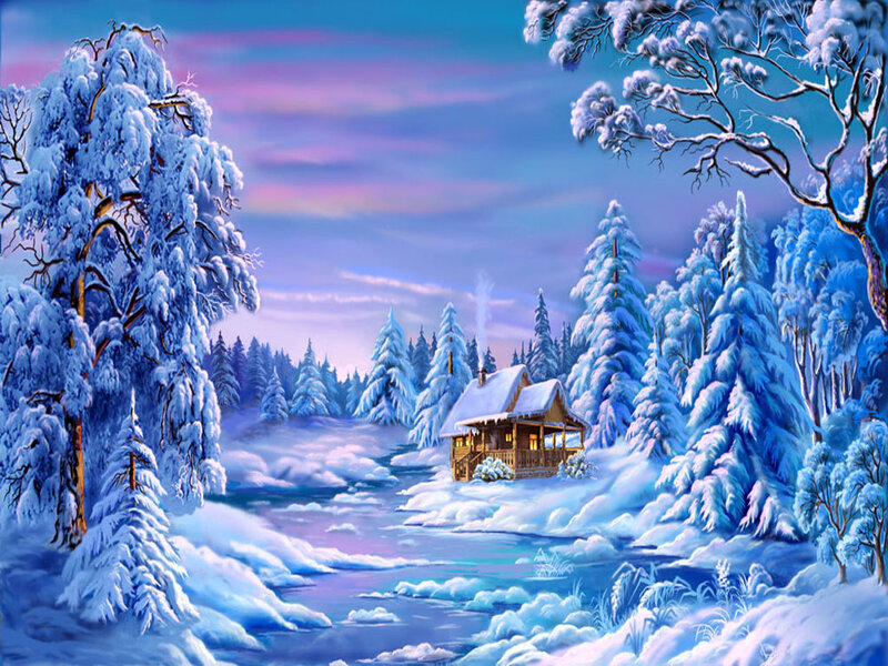Cabin in Snowy Forest — Blue, Serene, Winter, Digital Art