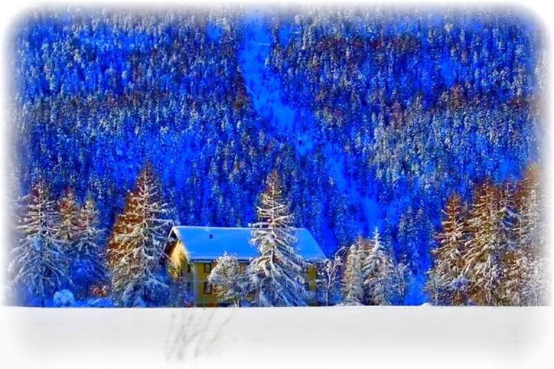 Cabin in Snowy Forest — Blue, Serene, Winter, Digital Art, Trees