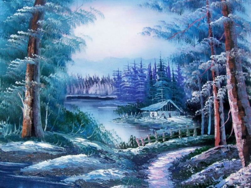 Cabin in Snowy Forest — Blue, Serene, Winter, Painting, Lake