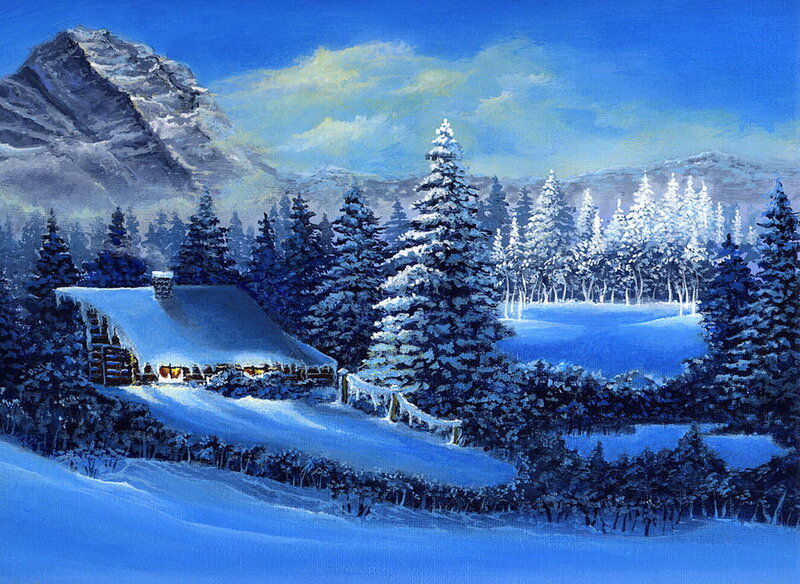 Cabin in Snowy Forest — Blue, Serene, Winter, Painting, Mountain
