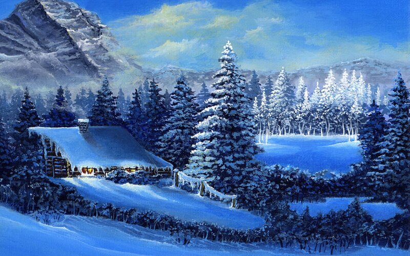 Cabin in Snowy Forest — Blue, Serene, Winter, Painting, Mountain, Trees