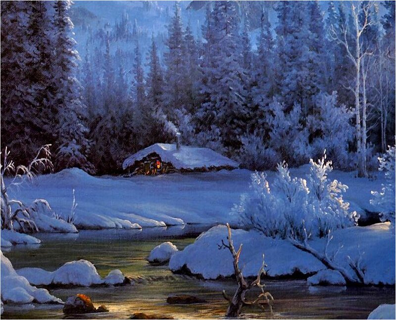 Cabin in Snowy Forest — Blue, Serene, Winter, Painting, River, Trees, Snow