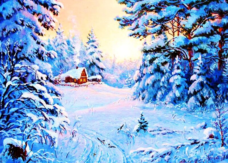 Cabin in Snowy Forest — Blue, Serene, Winter, Painting, Trees, Snow, Sunlight