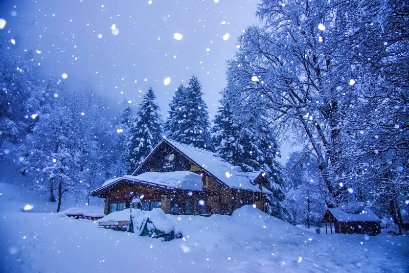 Cabin in Snowy Forest — Blue, Serene, Winter, Photograph, Snow, Trees, Building