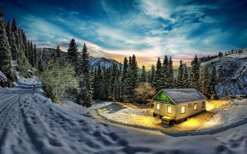 Cabin in Snowy Forest — Blue, Serene, Winter, Photograph, Snow, Trees