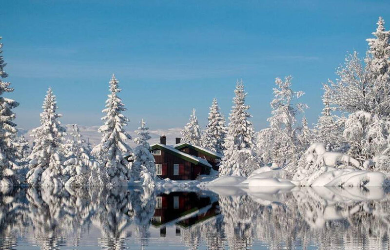 Cabin in Snowy Forest — Blue, Serene, Winter, Photograph, Trees, Lake