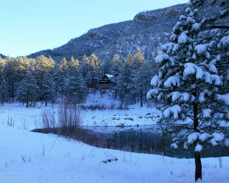 Cabin in Snowy Forest — Blue, Serene, Winter, Photograph, Trees, Mountain