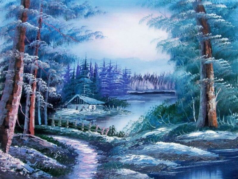 Cabin in Snowy Forest — Blue, Serene, Winter