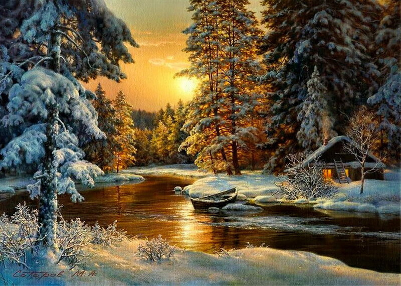 Cabin in Snowy Forest — Gold