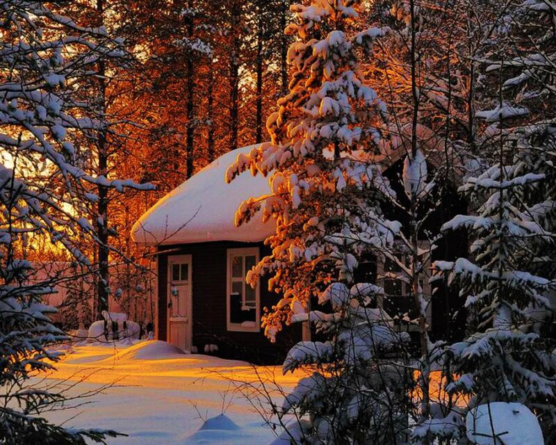 Cabin in Snowy Forest — Orange, Serene, Sunset