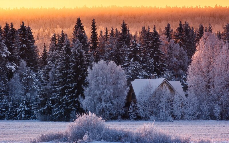 Cabin in Snowy Forest — Orange, Serene, Winter, Photograph, House