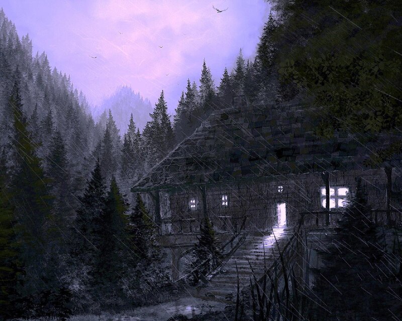 Cabin in Snowy Forest — Purple, Dreary