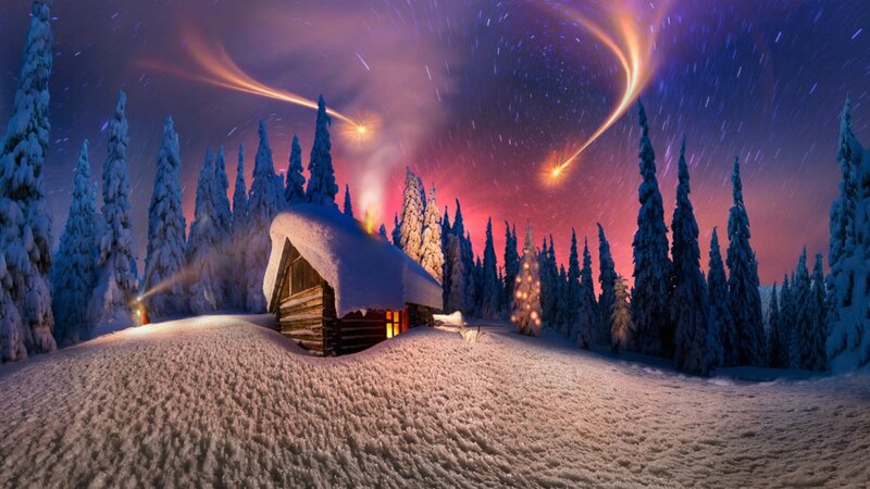 Cabin in Snowy Forest — Purple, Serene, Night, Digital Art, Trees
