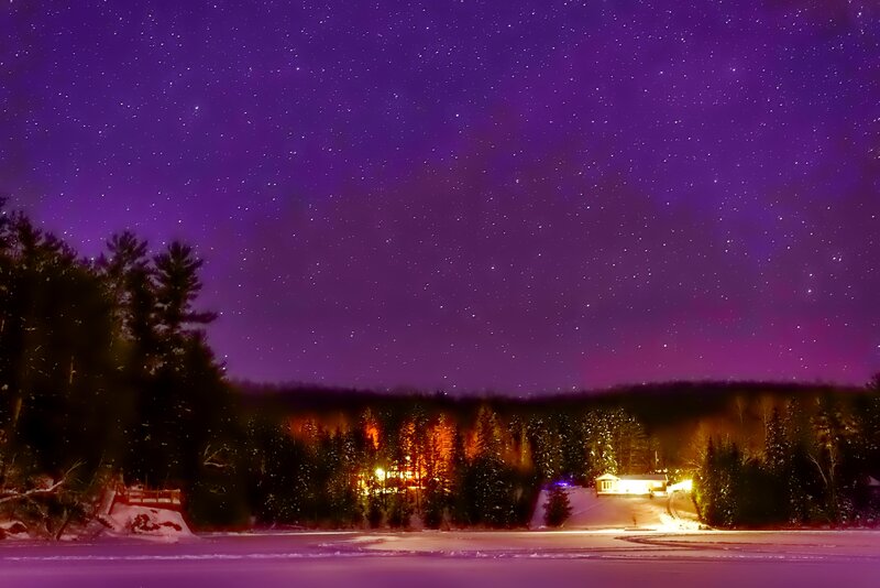 Cabin in Snowy Forest — Purple, Serene, Night, Photograph