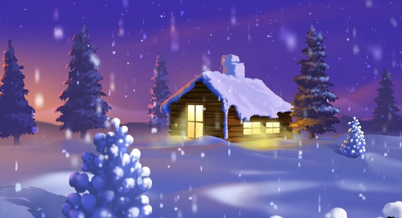Cabin in Snowy Forest — Purple, Serene, Night