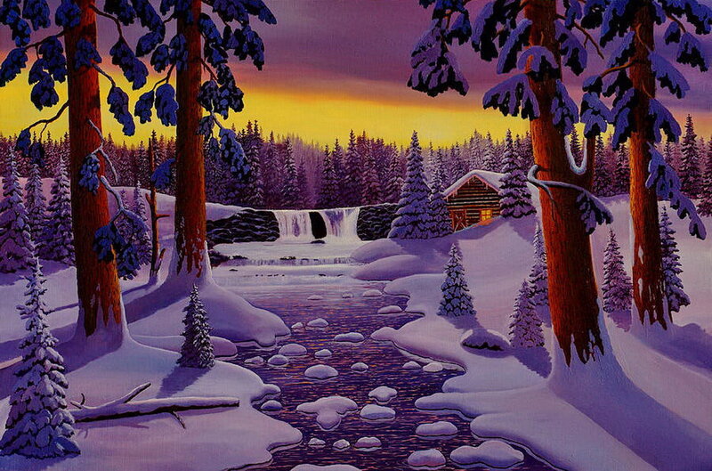 Cabin in Snowy Forest — Purple, Serene, Sunset