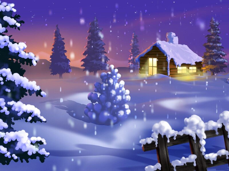 Cabin in Snowy Forest — Purple, Serene