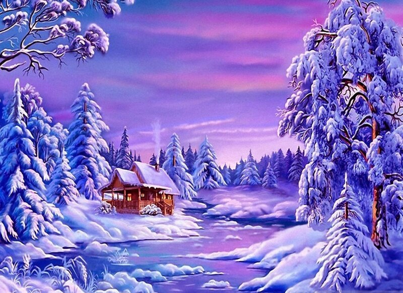 Cabin in Snowy Forest — Purple