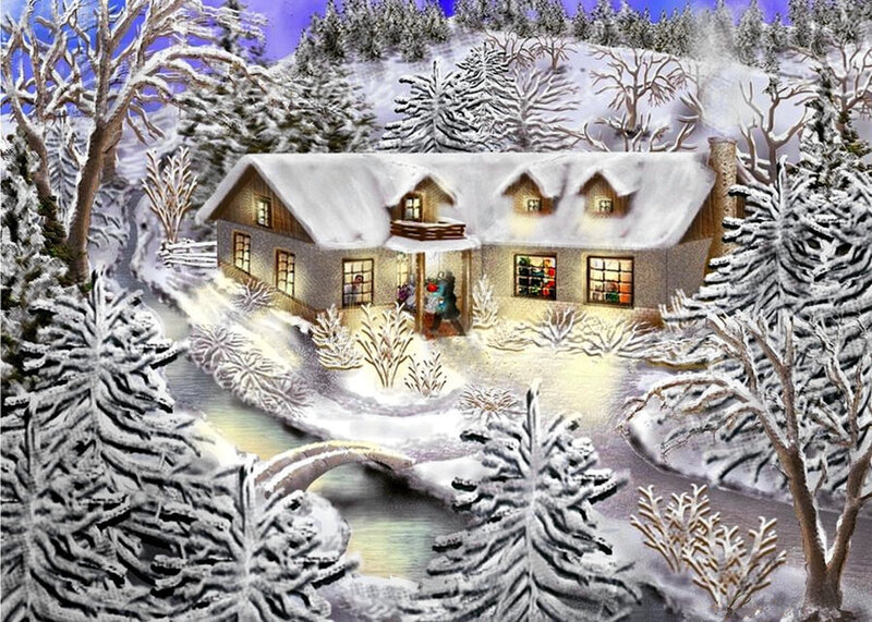 Cabin in Snowy Forest — White, Peaceful, Winter, Digital Art