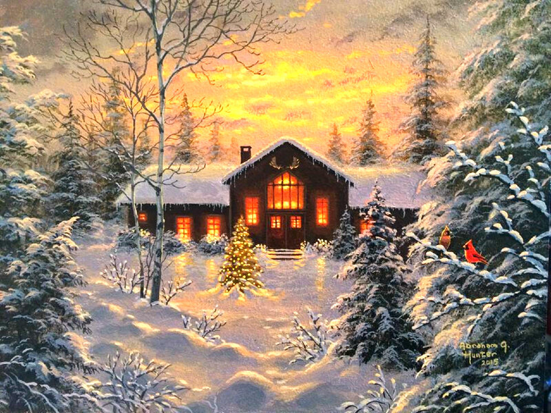 Cabin in Snowy Forest — White, Peaceful, Winter, Painting, Cardinal Birds