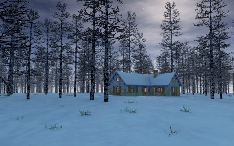 Cabin in Snowy Forest — White, Serene, Night, 3d Render