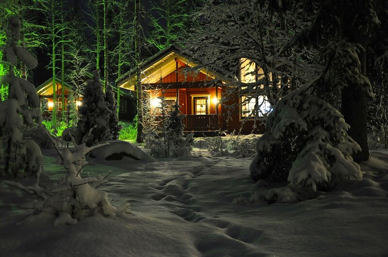 Cabin in Snowy Forest — White, Serene, Night, Photograph, Snow