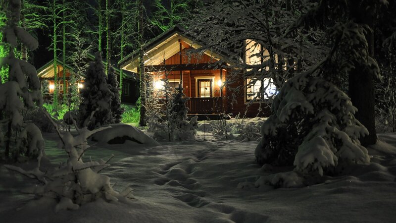 Cabin in Snowy Forest — White, Serene, Night, Photograph, Snow, Trees, Lights