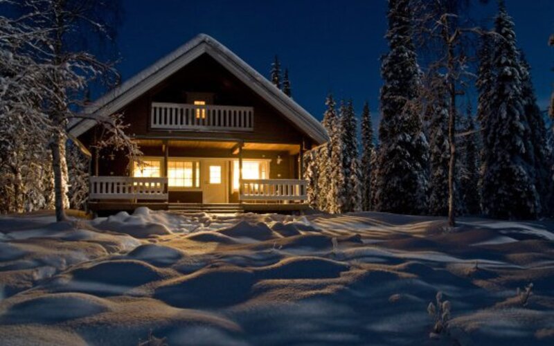 Cabin in Snowy Forest — White, Serene, Night, Photograph, Snow, Trees