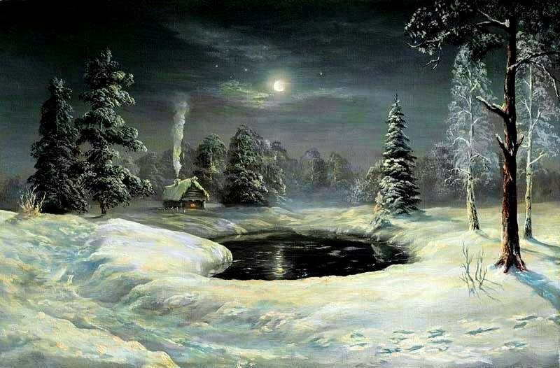 Cabin in Snowy Forest — White, Serene, Night