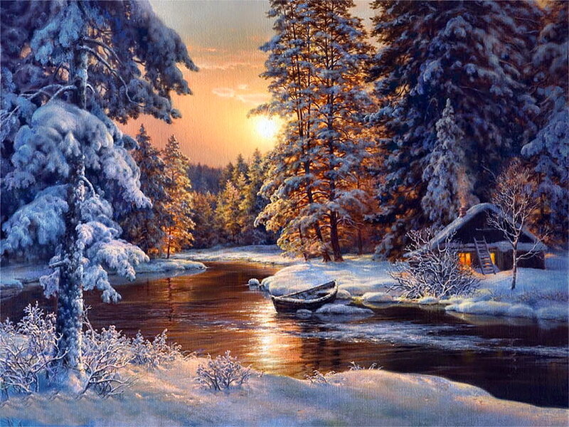 Cabin in Snowy Forest — White, Serene, Sunset, Painting