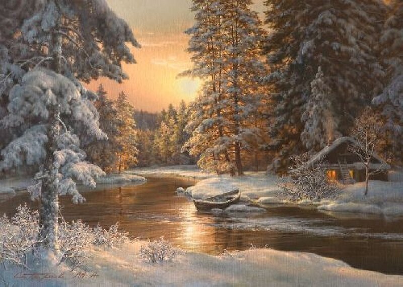 Cabin in Snowy Forest — White, Serene, Sunset