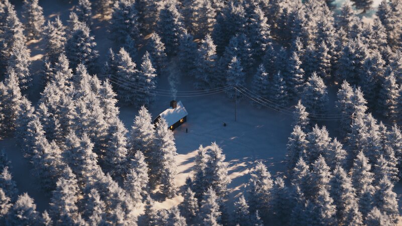Cabin in Snowy Forest — White, Serene, Winter, 3d Render