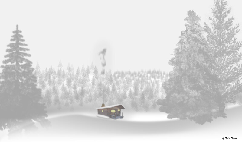 Cabin in Snowy Forest — White, Serene, Winter, Digital Art