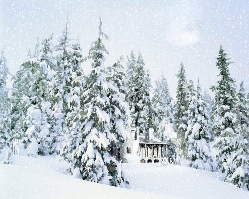 Cabin in Snowy Forest — White, Serene, Winter, Digital Art, Trees