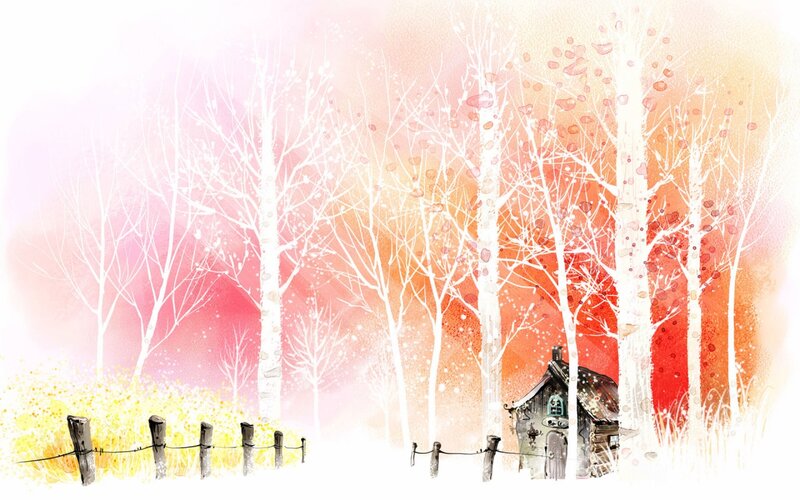 Cabin in Snowy Forest — White, Serene, Winter, Illustration