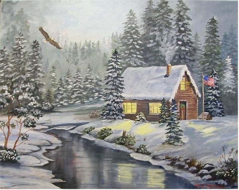 Cabin in Snowy Forest — White, Serene, Winter, Painting, Eagle