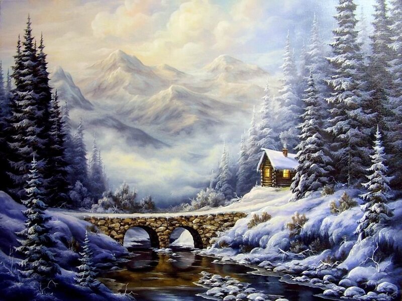 Cabin in Snowy Forest — White, Serene, Winter, Painting, Mountains