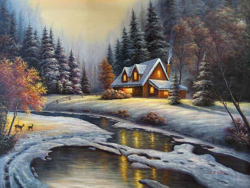 Cabin in Snowy Forest — White, Serene, Winter, Painting, River, Deer