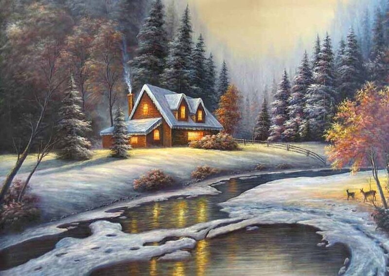 Cabin in Snowy Forest — White, Serene, Winter, Painting, River, Deer, Trees