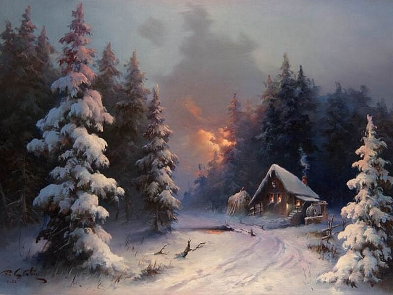Cabin in Snowy Forest — White, Serene, Winter, Painting, Snow-covered Trees