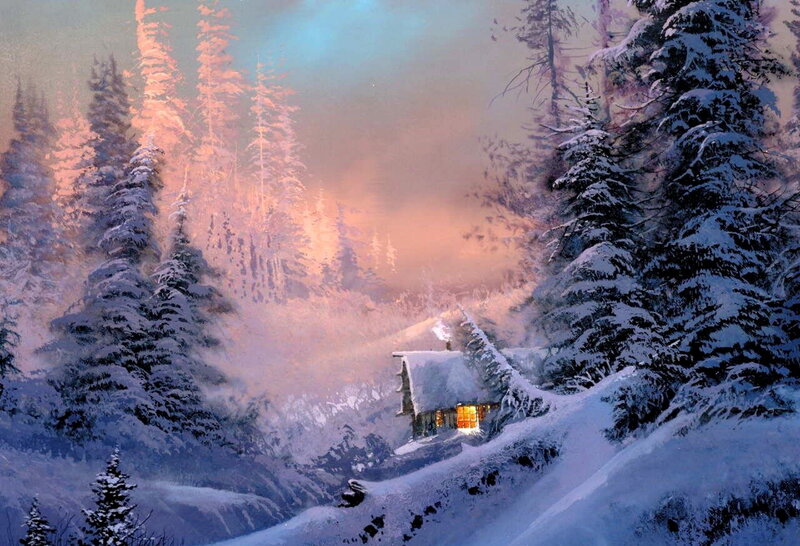 Cabin in Snowy Forest — White, Serene, Winter, Painting, Snow